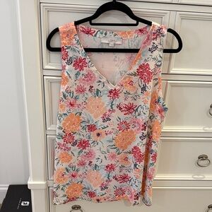 LOFT Floral V-Neck Tank Top - Pink and Orange